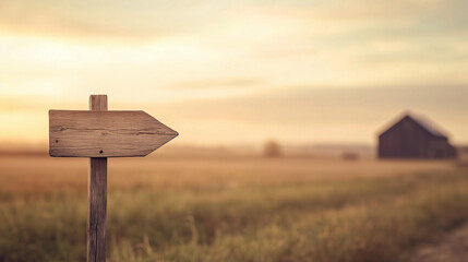 rustic wooden signpost points towards distant barn in serene rural landscape at sunset. warm hues of sky create peaceful atmosphere, inviting exploration.