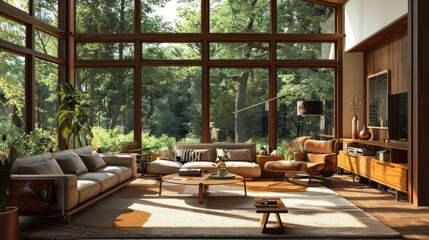 Wall Mural - Modern Living Room with Large Windows and Forest View