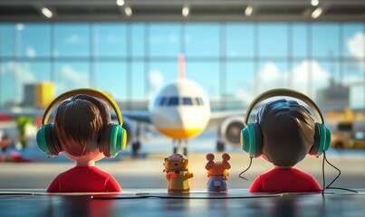 Two children with headphones near an airplane.