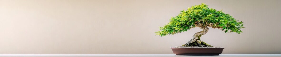 Large bonsai tree with multiple layers of leaves on a cream-grey background