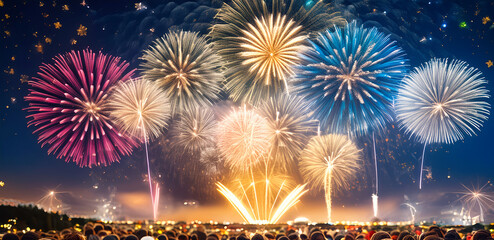 Magnificent fireworks exploding high in the sky with big bursts of light and color.