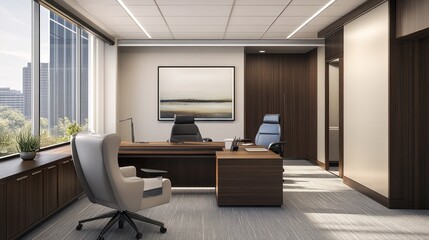 Bank consultation room with a professional setting for private meetings, featuring desks, chairs, and modern design elements.