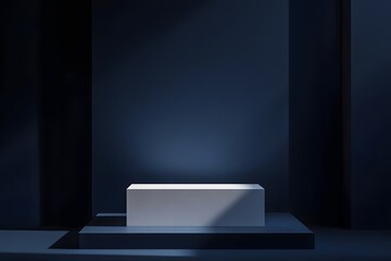 Minimalist white rectangular pedestal in dark blue room with soft spotlight, empty space for product presentation, abstract interior design with shadows and moody lighting