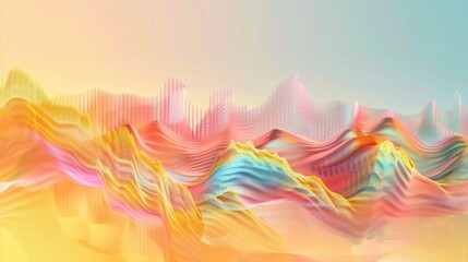 Wall Mural - abstract digital landscape with iridescent waves and a city in the background