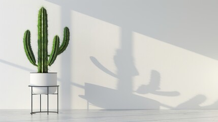 Wall Mural - A Tall Cactus Plant in a White Pot with a Black Stand Against a White Wall with Shadows