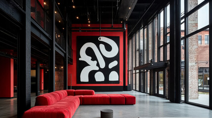 Sticker - A modern interior featuring spacious lobby with striking red and black mural, large windows, and contemporary furniture. vibrant design creates an inviting atmosphere