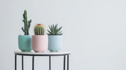 Wall Mural - Three potted succulents on a white side table