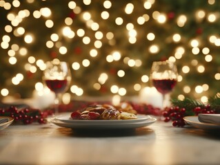 festive holiday desserts and wine against a backdrop of twinkling lights