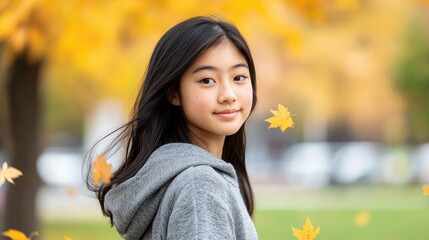 Young Girl Smiling Amidst Autumn Leaves