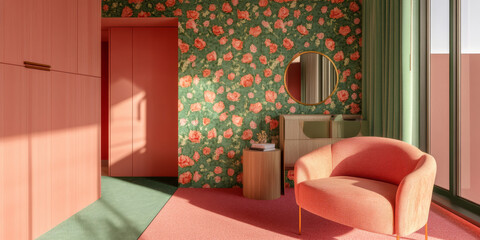 Sticker - A vibrant interior design featuring floral wallpaper, cozy armchair, and stylish furnishings creates warm and inviting atmosphere. combination of colors and textures enhances overall aesthetic appeal