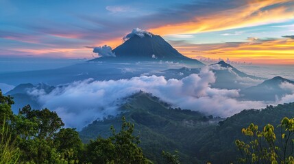 Wall Mural - a majestic volcano rising above a sea of clouds at sunset