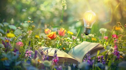 Wall Mural - open book in a field of wildflowers with a lightbulb floating above