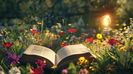 Wall Mural - open book in a field of flowers with a glowing lightbulb