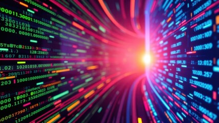 A vivid stream of binary code represented in neon technology perspective, cyber, pattern