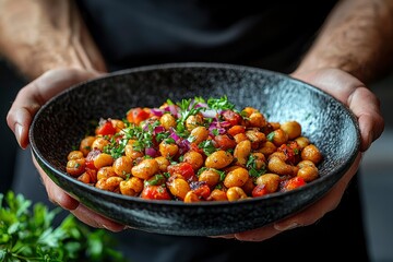 Hands Holding a Bowl of Roasted Chickpeas with Parsley, Red Onion, and Peppers