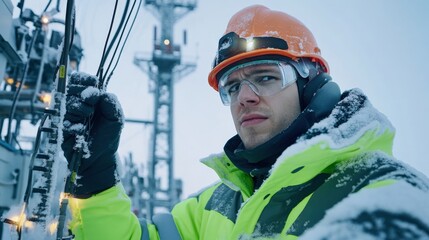 An engineer in winter gear working with electrical wires at a snowy energy plant