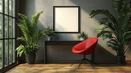 Red chair and desk with blank poster mockup in a modern interior with plants.