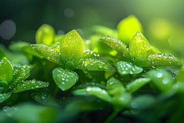 Canvas Print - Dew-kissed green plants glisten in soft morning light outdoors