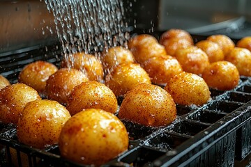 Wall Mural - Water Sprinkling on Golden Brown Potatoes in a Black Wire Rack