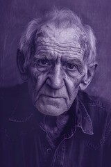 Contemplative Elderly Man Portrait on Purple Background for Wisdom and Reflection Themes