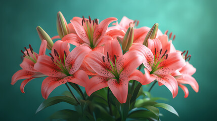 .A graceful bouquet of fresh lilies in soft white and pink tones, with long, elegant stems and lush green leaves.