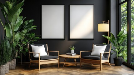 Two empty frames hang on a black wall above two armchairs in a modern living room.