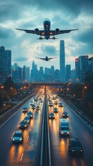 Two airplanes fly over a city highway with a stream of traffic passing by.