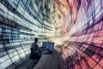 Wall Mural - a male it professional with their back to the viewer observing the large amount of computer monitors