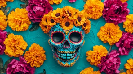 Wall Mural - Vibrant sugar skull surrounded by colorful marigolds and floral accents for day of the dead celebrations