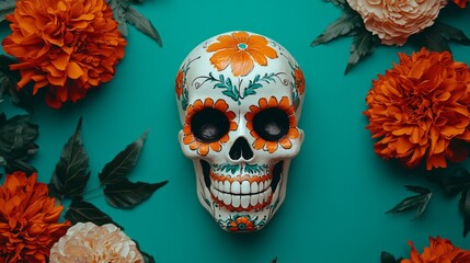 Wall Mural - Celebrating life and death the vibrant symbolism of the day of the dead skull decorated with marigolds and flowers