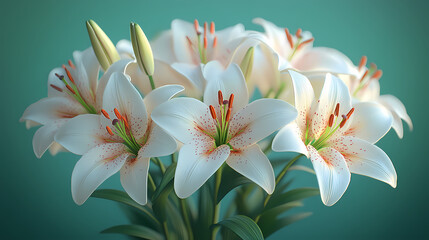 .A graceful bouquet of fresh lilies in soft white and pink tones, with long, elegant stems and lush green leaves.