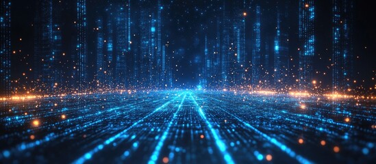 Wall Mural - abstract futuristic city with glowing blue lines and particles on a dark background.