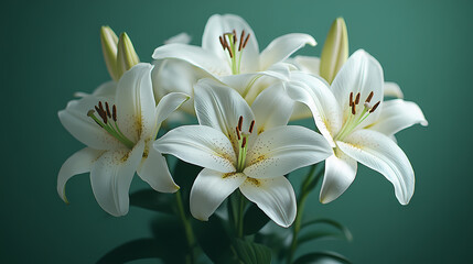 .A graceful bouquet of fresh lilies in soft white and pink tones, with long, elegant stems and lush green leaves.