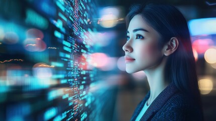 Woman Gazing at City Lights and Digital Code