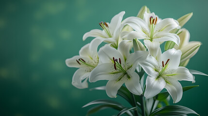 .A graceful bouquet of fresh lilies in soft white and pink tones, with long, elegant stems and lush green leaves.