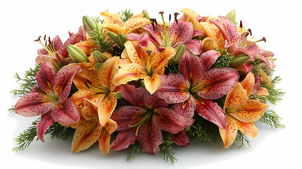 .A graceful bouquet of fresh lilies in soft white and pink tones, with long, elegant stems and lush green leaves.