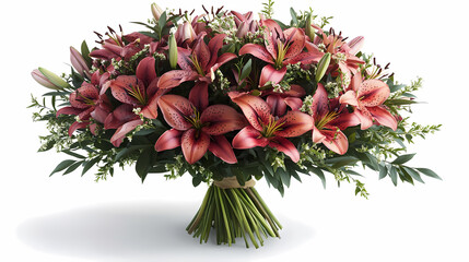 .A graceful bouquet of fresh lilies in soft white and pink tones, with long, elegant stems and lush green leaves.