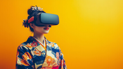 A young entrepreneur in Japan explores virtual reality technology while dressed in a traditional kimono against a vibrant yellow background