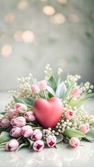 Valentine's Day greeting card with floral arrangement and heart shape on blurred background