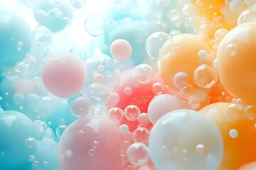 Wall Mural - A vibrant abstract composition of colorful bubbles in shades of blue, pink, orange, and yellow, creating a dreamy and whimsical atmosphere.