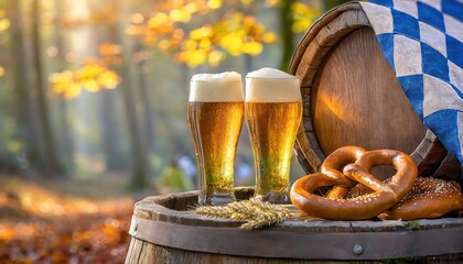 Two glasses of beer and pretzels on a wooden barrel in an autumn forest setting, celebrating a rustic Oktoberfest.