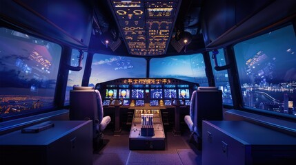 Airplane Cockpit with Night City View and Futuristic HUD