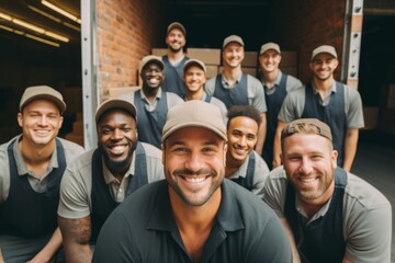 Group portrait of a smiling diverse moving crew