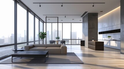 Wall Mural - Modern Living Room with City View and Minimalist Decor