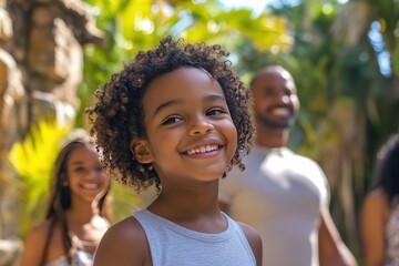 Black Afro-Latin family exploring a famous theme park, children are happy and all smiles and parents are joyful capturing fun and family bonding during vacation