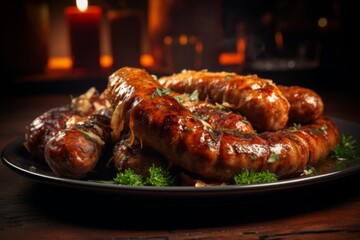 Wall Mural - Close up of bratwurst served on plate