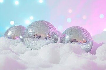 Canvas Print - Snowy winter holiday background with decor, fir tree and Christmas balls in front of a Christmas light.