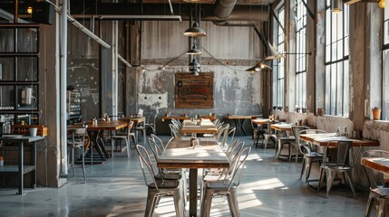 Wall Mural - Industrial-Chic Restaurant Interior with Metal Chairs and Wooden Tables