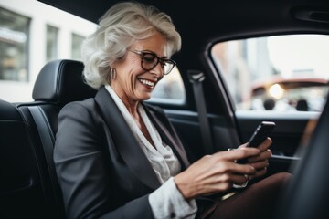 Smiling middle aged businesswoman using smartphone in the car backseat