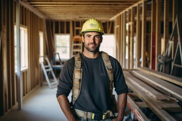 Portrait of a Hispanic construction worker inside of unfinished building